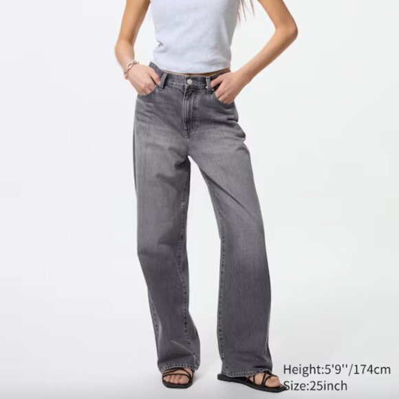 Uniqlo Women's Grey Straight Leg Loose Fit 5 Pocket High Waisted Ridged Jeans 25 - Picture 1 of 6